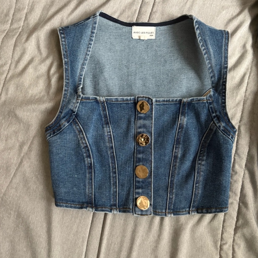 Avec Les Filles Blue Denim Vest with Gold Accents